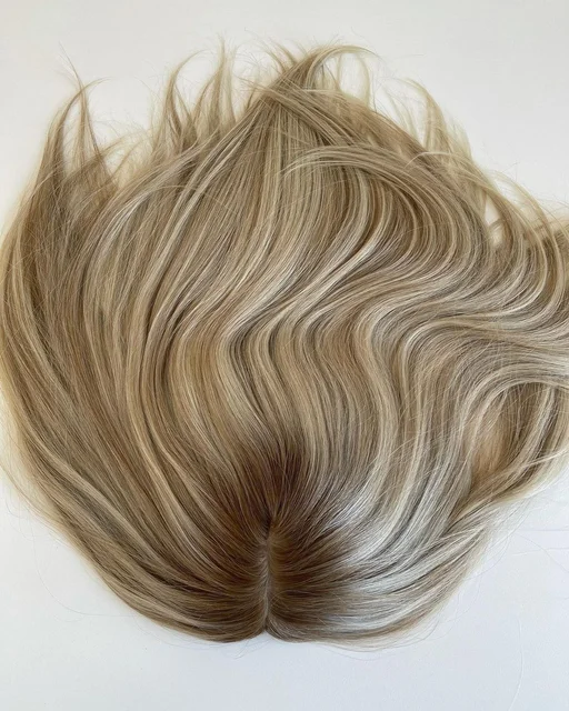 100% Virgin European Human Hair Touppe Highlights Color Full Hand Tied Jewish Silk Base Topper