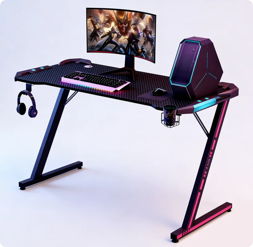 Hot Sale Gaming Desk for Gamer Gaming Table with RGB Computer Desk with Cup Holder Z-Sharped Gaming Tables