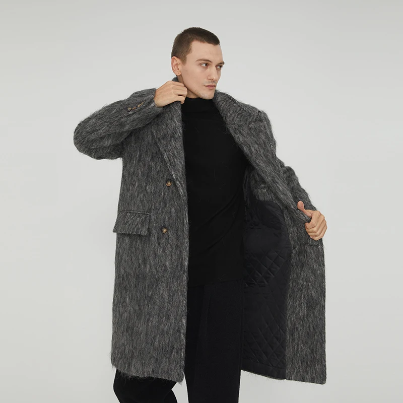 Men's Trendy Mid-length Woolen Coat Winter Thickened Casual Loose Overcoat Double Breasted Closure Warm