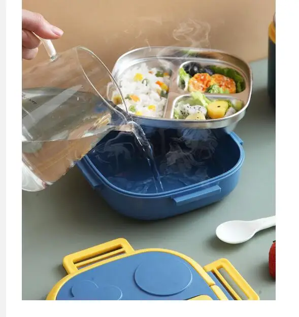 Cute Portable Plastic Rectangle 3-Compartment Lunch Box with Handle Easy to Clean Children's Newborn Use School Work Daycare