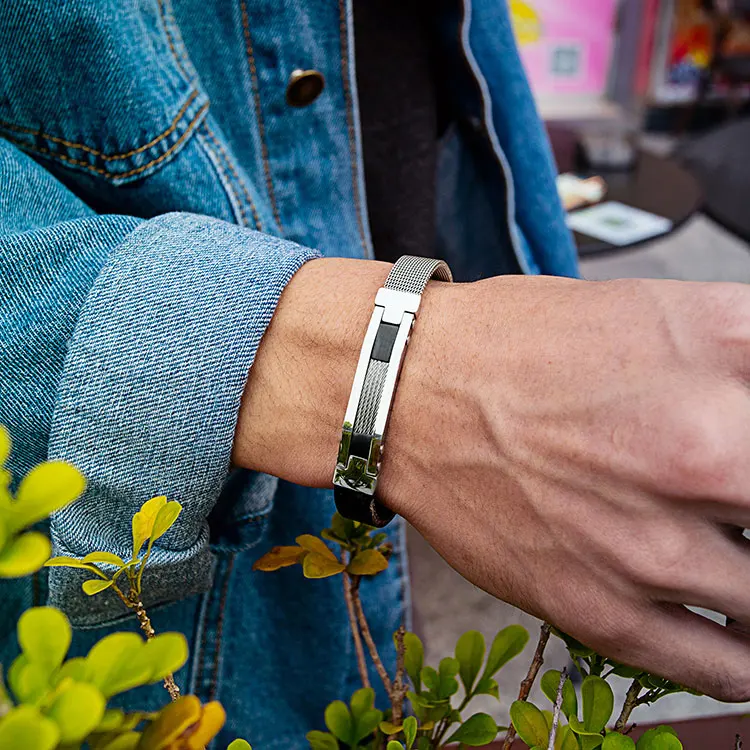 Wholesale Custom Design Good Quality Fine Jewelry Wire Stainless Steel Mesh Leather Bracelet for Men