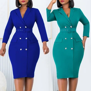 D438 Latest Elegant Design Career Dresses Suit Collar Double Breasted Ladies Office Dress Women Wormal Work Blazer Dresses