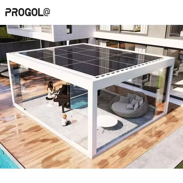 Solar Panel Pergola with Louvered Roof Aluminum Garden Gazebo Wooden Frame Outdoor Arch for Outdoor Living