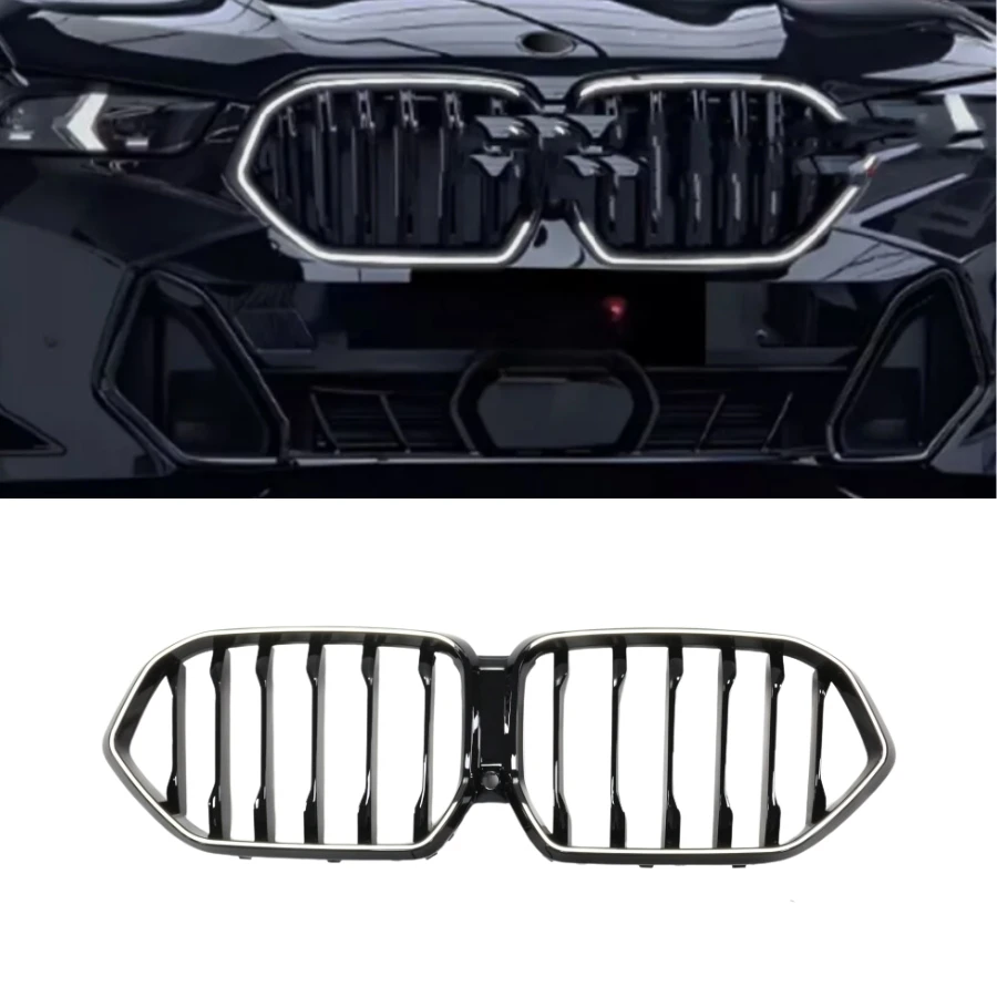 TIYPEOR Car Gloss Black Front Bumper Front Mesh Grille Single Slat Line Hood Kidney Grill ABS LED for Bmw X6 G06 2019 - 2023