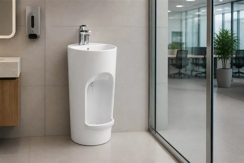Slim cylindrical white ceramic wudu basin in a modern office building washroom
