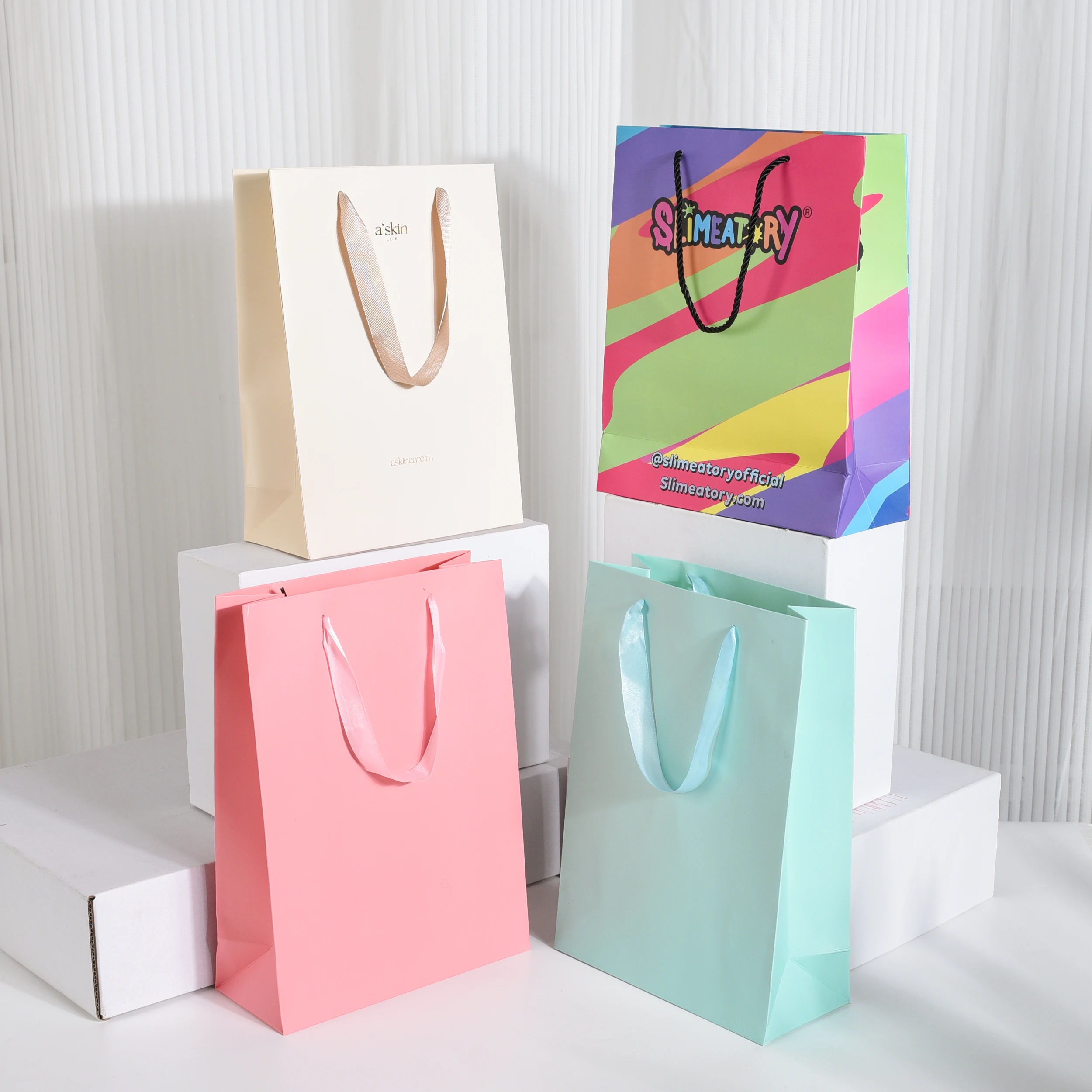 Custom Recycled Shopping Paper Bags Packaging Gift Bag With Ribbon Handle For Clothes With Your Own Logo