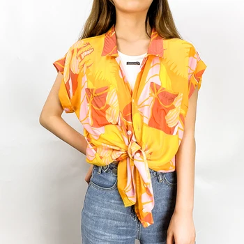 Women Hawaiian Beach Shirt V Neck Leaves Printed Tunic Tops Casual tied Aloha shirt For Holiday