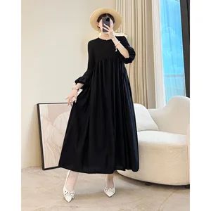 Women's Elegant Black Pleated Maxi Dress with Puff Sleeves - Loose Fit Long Dress for Casual & Party Wear