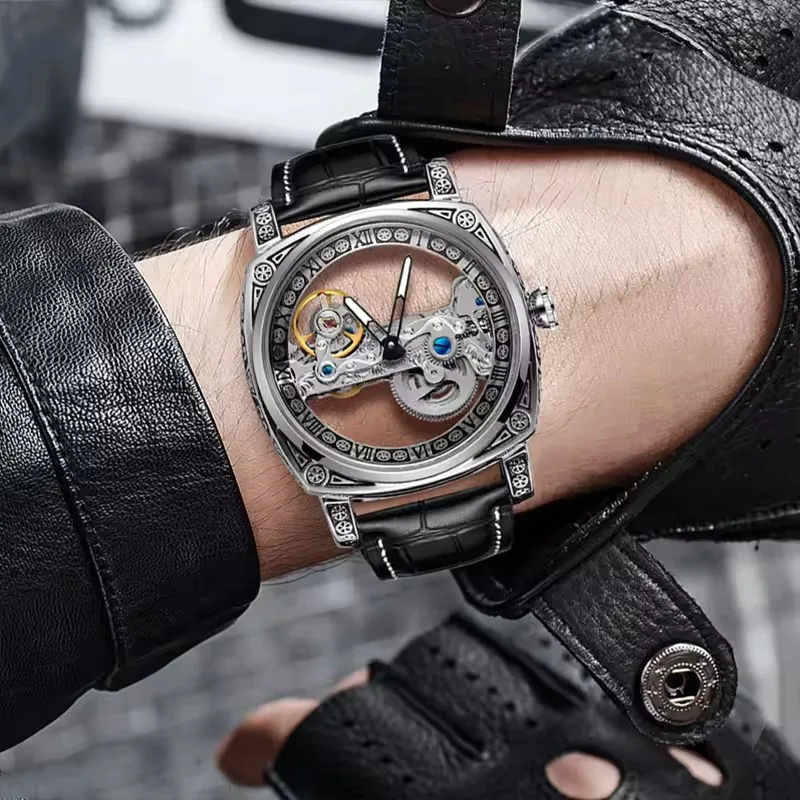 FORSINING Orologi Di Lusso Da Uomo Eleganti, Orologio Meccanico Automatico Retr&ograve; Con Incisione Quadrata, Orologio Da Polso Dorato Scheletrato Con Cinturino In Pelle Vintage, Marrone, Retr&ograve;