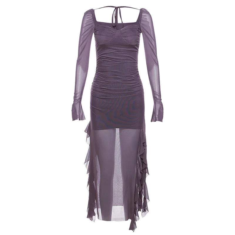 2025 Summer New Women's Y2K Grunge Slim Fit Split Dress Fashion Sexy Mesh  Long Sleeved Mid-Length Vestidos Mujer Solid Pattern| Alibaba.com