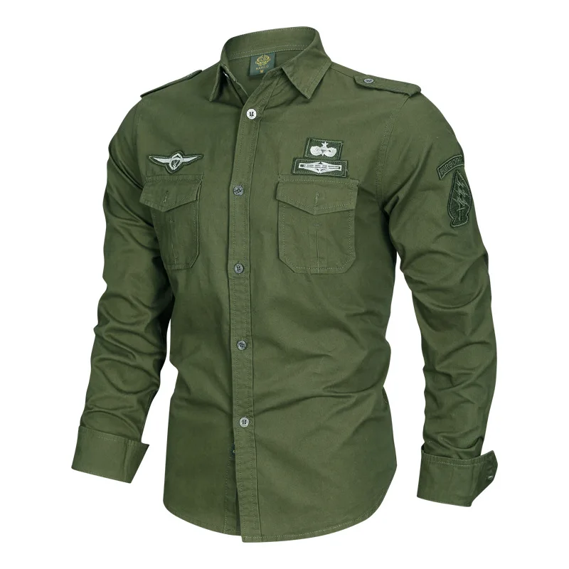Wholesale Woven Pure Cotton Lapel Patch Embroidered Pilot Long Sleeved Men's Shirt749_voghion.com