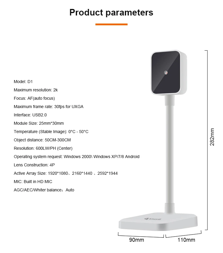 Housse webcam autofocus Kisonli D1 2k HD pour ordinateur portable
