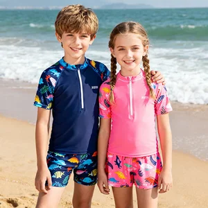 Factory Quick-dry Above-knee Cartoon Characters Chlorinated Resistant Kids Rash Guard Matching Bottom Set Athletic Swimwear