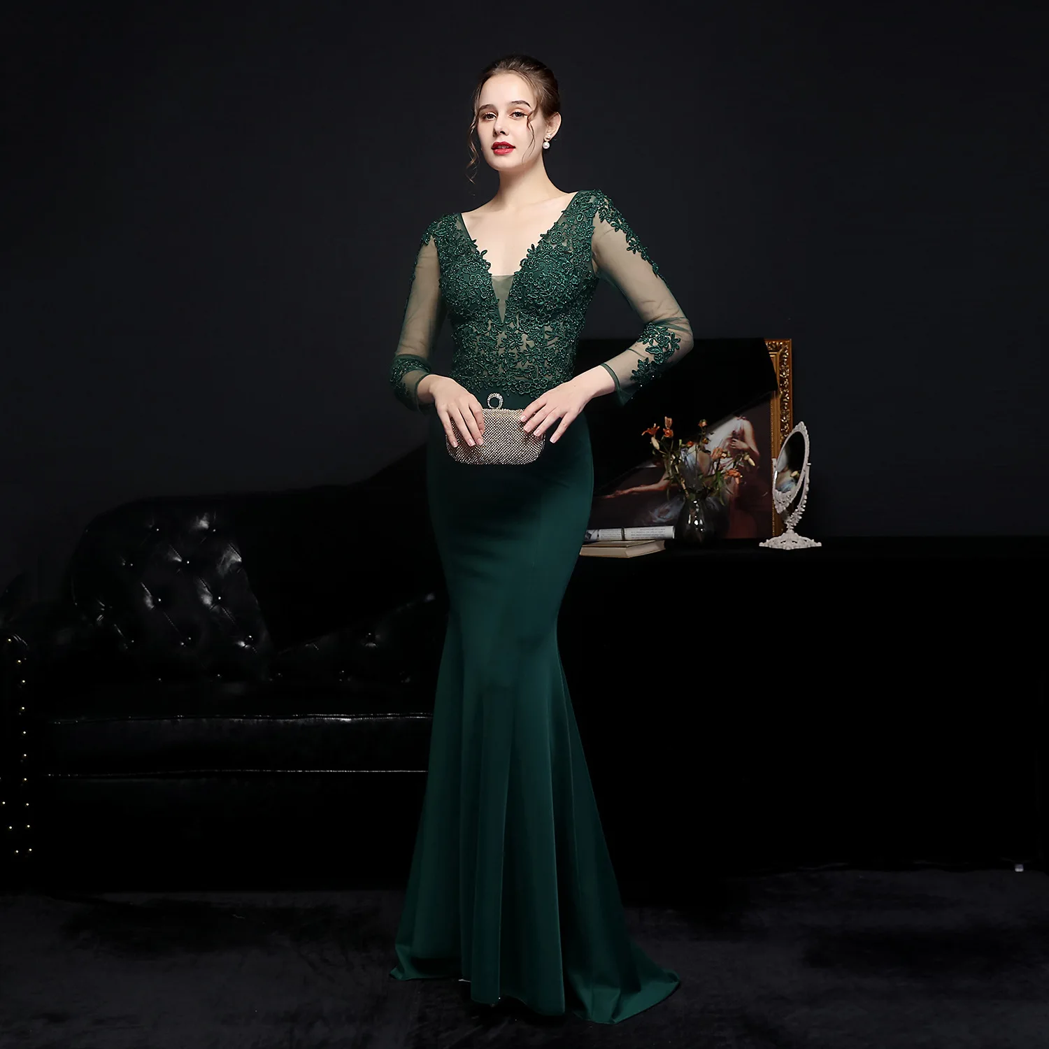 S2742F     2025 New High Quality Lace Perm Toast  Bride  Elegant Fishtail Evening Dress