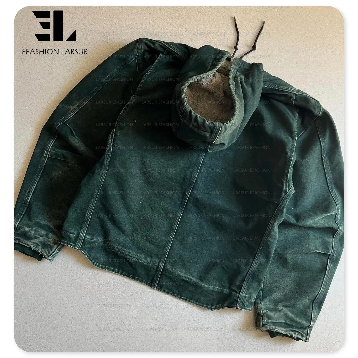 LARSUR Custom Distress Heavy Duck Canvas Boxy Work Jacket With Hood Zip Sherpa Lined Worker Workwear Bomber Jacket Canvas Hoodie
