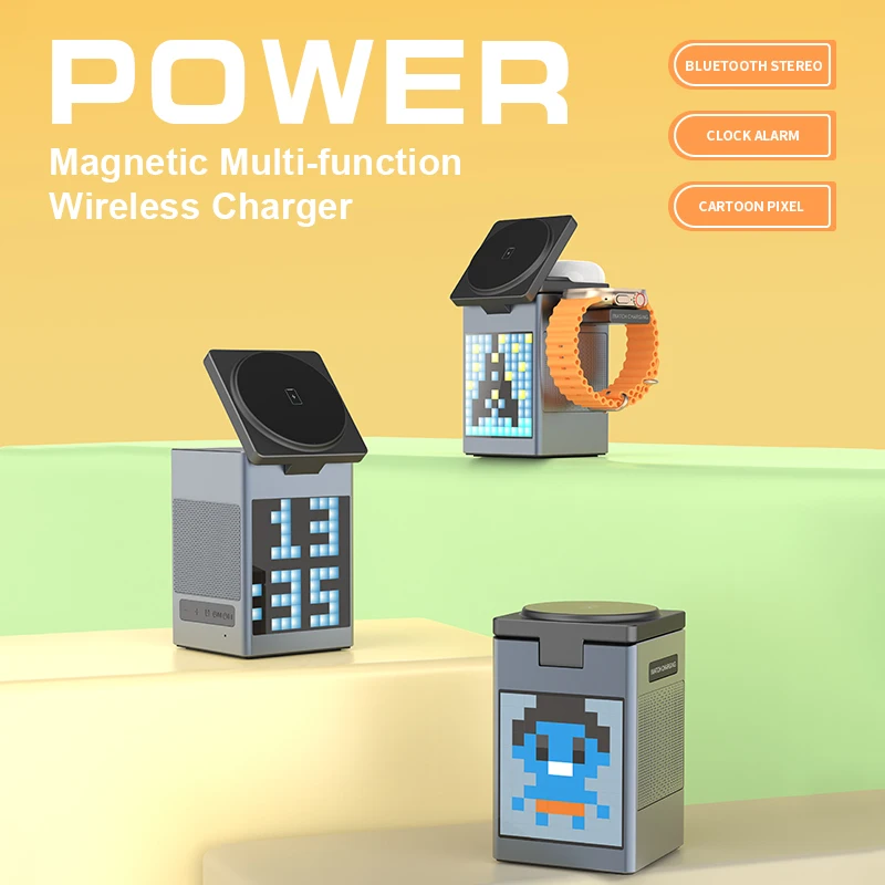 High End Multifunction BT5.3 Speaker Alarm Clock Pixel Animation 6 in 1 Magnetic Wireless Charger for Phone Smart Watch Earphone
