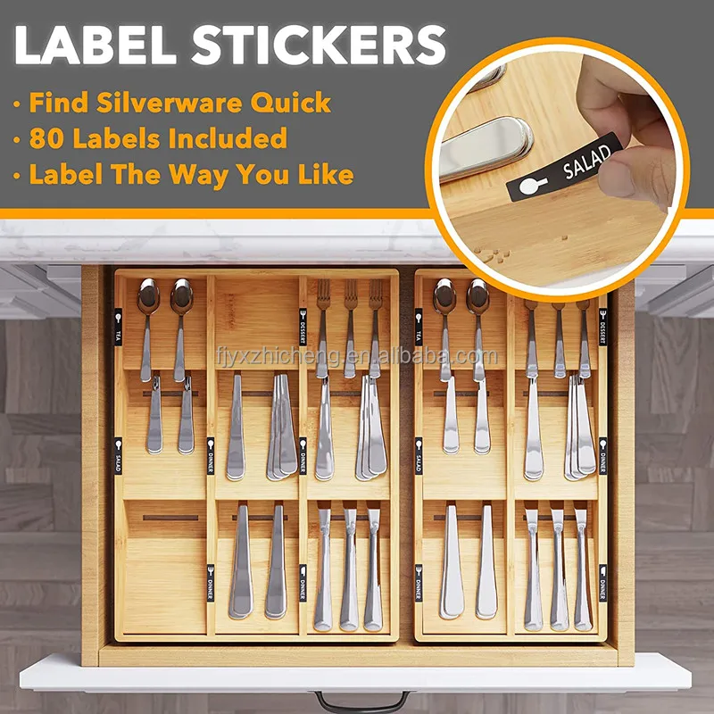 product 6 slots cbamboo silverware drawer organizer with labels kitchen utensil tray holder organizer for flatware cutlery-2