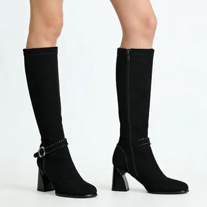 Women's Black Suede Knee-High Boots - Braided Buckle Trim Block Heel Zipper Footwear 2026 Autumn