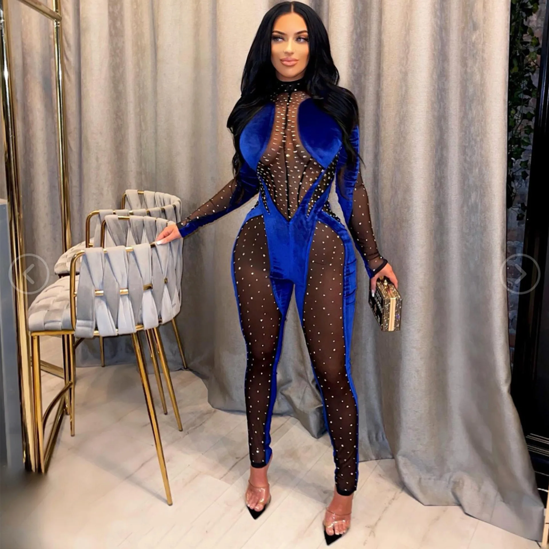 Alibaba.com: YM YMHB1187 Mesh Rhinestone Velvet Jumpsuit