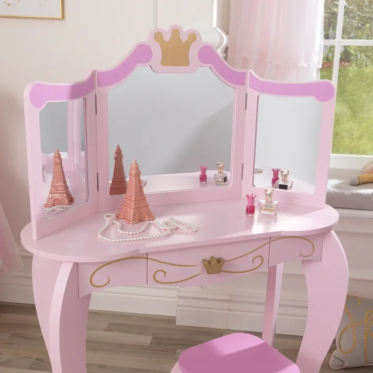 Ready to Ship Pink Kid Image Girl's Home Furniture Wooden Stool Mirror Dresser Desk Set Room Girls Bedroom Dressing Table