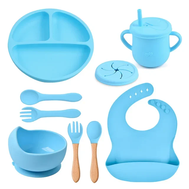 5pcs Non-Slip Silicone Baby Feeding Tableware Set 9pcs Children Dinner Dishes Including Suction Bowl Fork Bibs Kids Dining