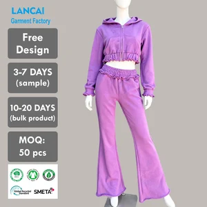 Custom Embroidery Washed Cropped Street Wear Custom Logo Zip up Two 2 Piece Sweatpants and Hoodie Set Joggers Tracksuits Womens