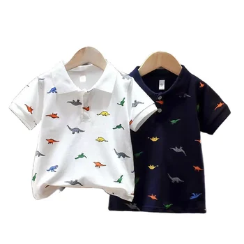 Children's short sleeved T-shirt dinosaur printed pure cotton baby lapel top boys polo shirt children's clothing wholesale