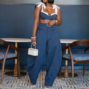 1711 Ladies Two Piece Set Women Clothing Boutique Casual Street Wear Sleeveless Unique Cropped Top and Wide Leg Pant 2 Piece Set