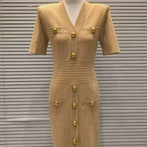 Women's Elegant Button-Front Knit Dress Luxury Inspired Bodycon Sweater Dress OEM/ODM Woven Knitwear Factory Casual Dresses