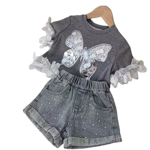 2026 New Arrival Korean Children Clothing Butterfly Sequined T Shirt Denim Shorts Two Piece Sets Kids Girls Summer Clothes