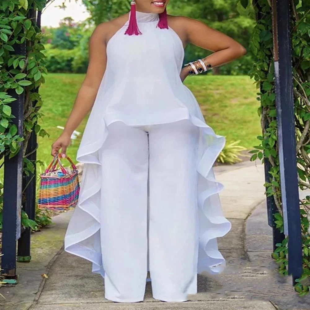Women Summer White Pant Sets Backless Long Chiffon Blouse Wide Leg Trousers Elegant Ladies Party