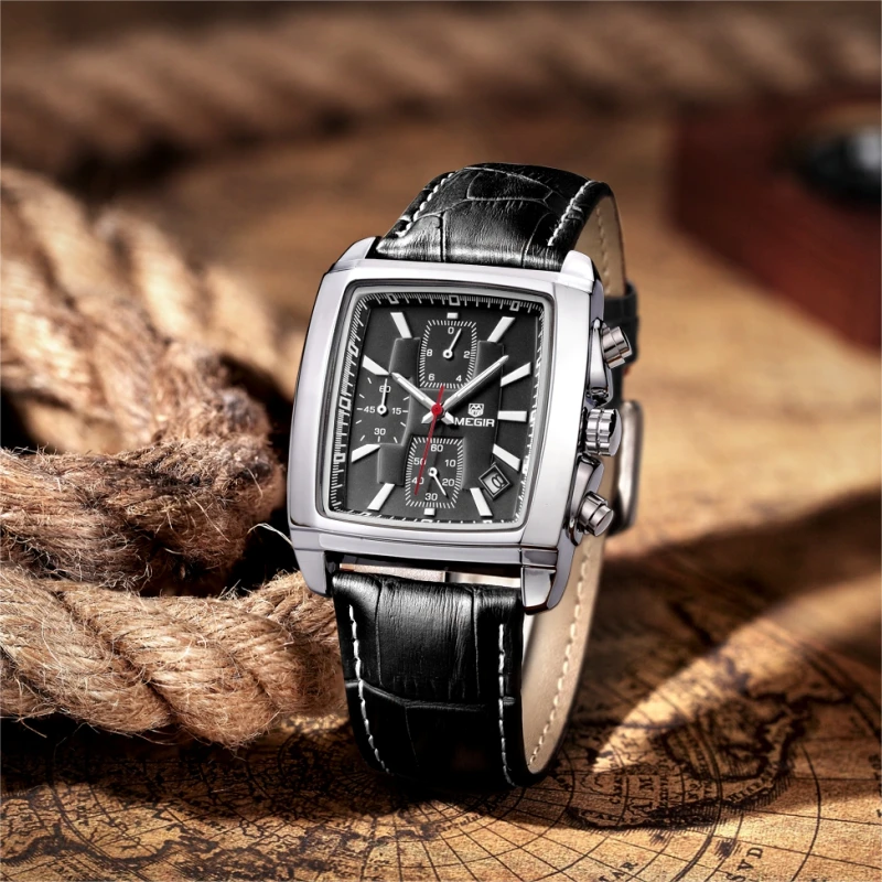 Original Brand Megir 2028 Casual Leather Chronograph Quartz Watches Luxury  Men Wrist Square Watch