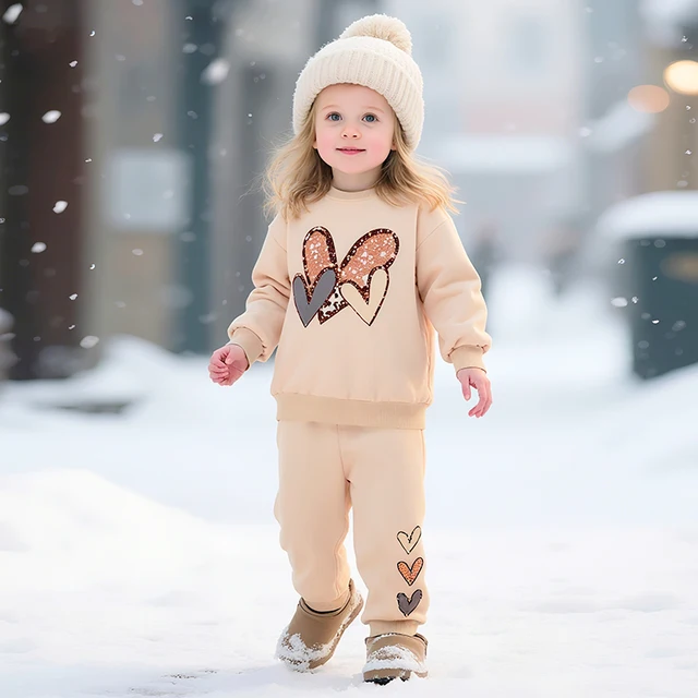 Children Girls Clothing Set Long Sleeve Fleece Sweatshirt Heart-shaped Pattern and Sweatpants Sweet Outfit for 2-7Y
