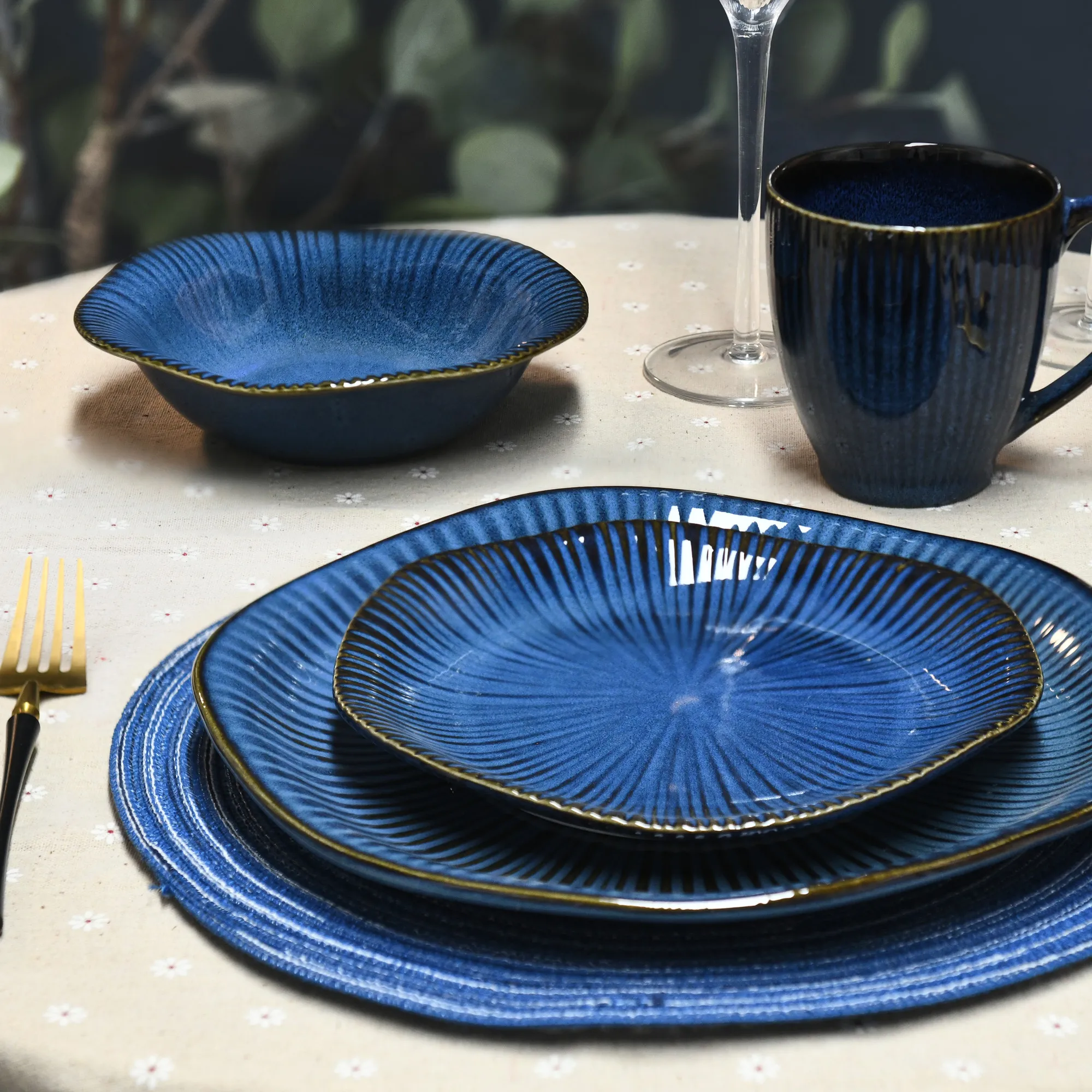 16pcs Retro Blue Glaze Japanese Style Stoneware Dinner Set