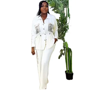 Customize Trendy Ladies Suits Casual Wear Outfits for Long Sleeve Printed Shirt and Wide Leg Pants Two Piece Set Eco-Friendly