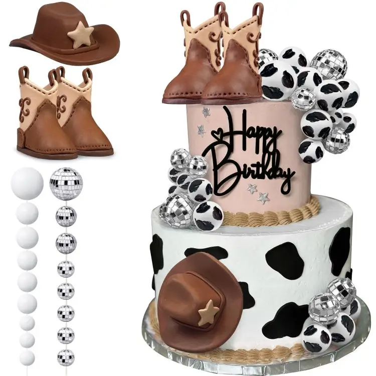 Cowboy Hat and Boot Cake Toppers Disco Ball Cake Topper Western Cowboy Cowgirl Birthday Baby Shower Party Favors