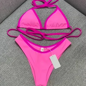 Custom Logo 2025 Designer String Bikini Sets Two-Piece Triangle Contrast Color Print Swimwear Lace Beachwear Spandex/Nylon