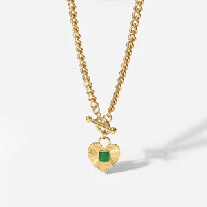 New Style Women's Minimalist Heart-Shaped Pendant Necklace OT Buckle Gold Plated Stainless Steel Cuban Chain Inlaid Green Agate