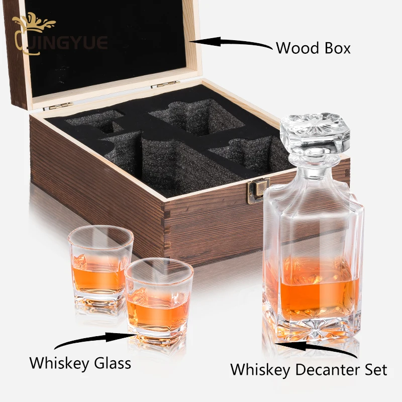 Jingyue 3 Pack Crystal Glass Square Whiskey Glass And Decanter Set With