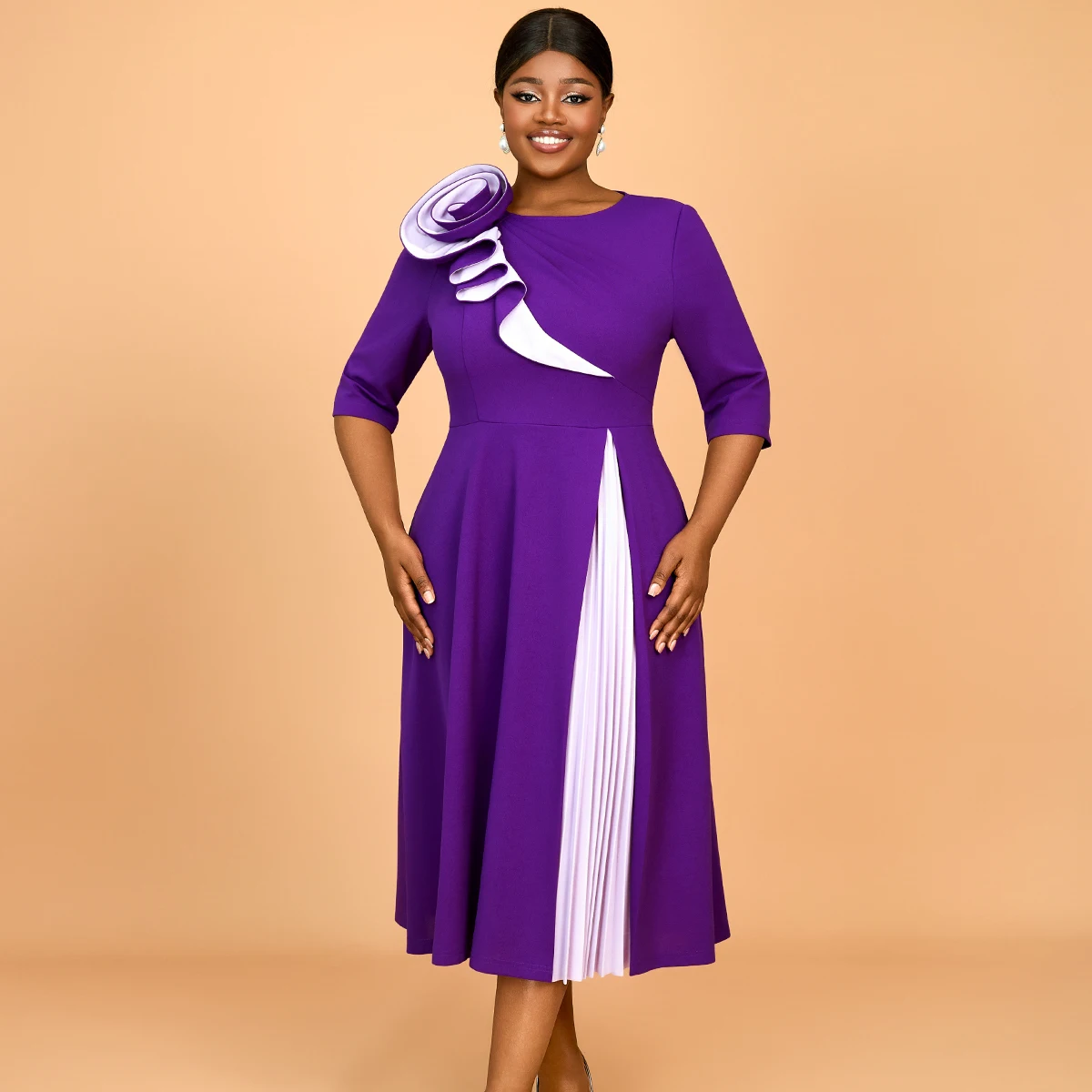 Wholesale AOMEI Whole Factory 3/4 leeve O-Neck Big Flower Elegant Out Going titching Design Purple Midi Length Women Daily Wear Plus ize,1 Piece