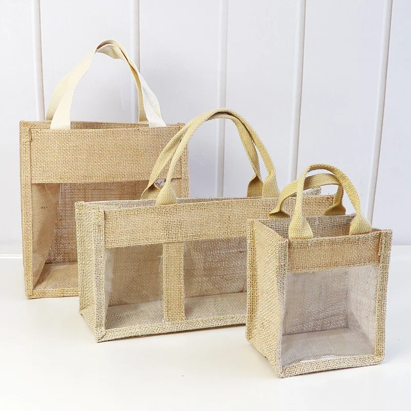 Reusable Transparent Jute Wine Tote Bag Burlap Gift Personalized Packing Wine Dispenser Tote Bag
