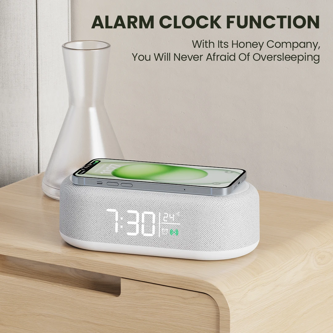 Portable Charger 5 in 1 Multifunction 15W Fast Charging Digital Universal Alarm Clock Wireless Charging Station for Table