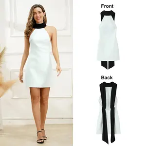 OEM Custom Women's Vintage Slim Fit Short Dress Simple Temperament Sleeveless Neck Patchwork Design White Black Color for Summer