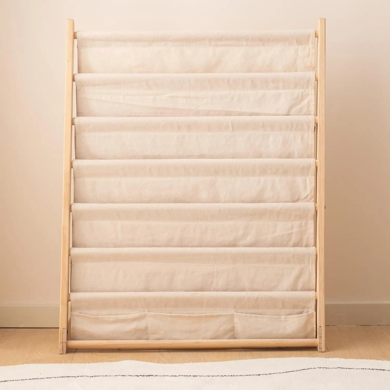 202407 Wood Book Rack Canvas Book Storage Shelf Display Bookshelf 6 Tier Kids Book Rack for Bedroom
