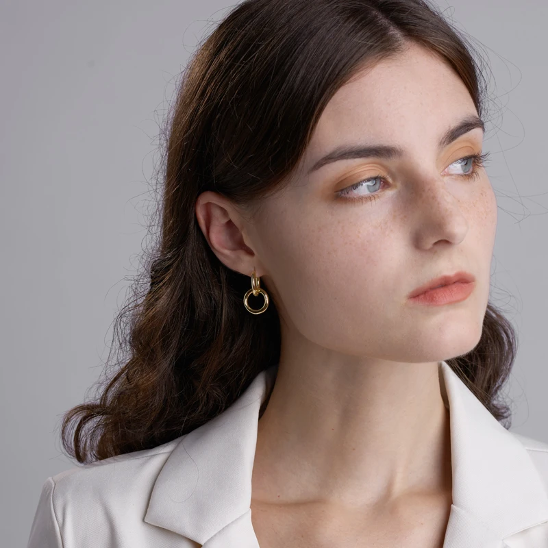 Simple Tarnish Free Minimalist Plain Double Circle Brass 18k Gold Plated Hoops Huggies  Pendant Earrings for Women Girls