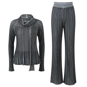 Bettergirl 2026 new Ramadan Collar tie color contrasting high stretch knitted sweater wide leg pants casual set