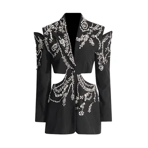 2026 Spring Fall Irregular Vintage Long Sleeve Unique Luxury Casual Women's Beading Rhinestone Single Button V-neck Blazer Suit