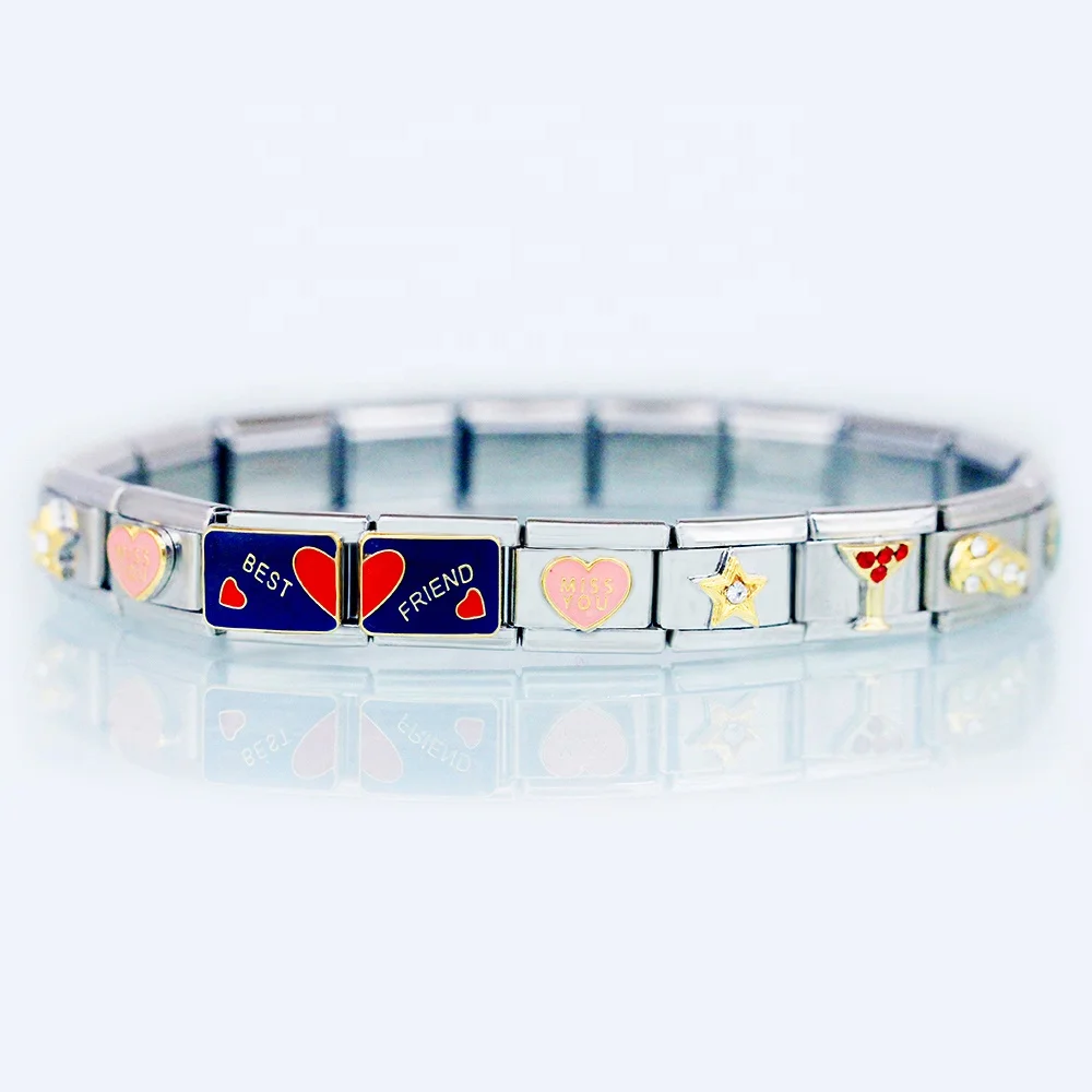 Stainless Steel 9MM Classic Custom Composable Links Gold Star Miss You Heart love Best Friend Italian Charm Bracelet