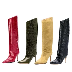 2021 Winter Zip Pointed Toe High Heel Slanted Heel Knee-High Large Size Women's for Martin Boots with Height Increasing