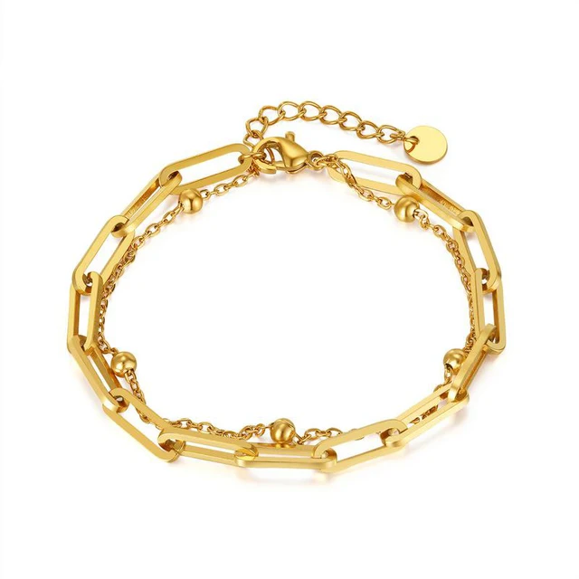 Trendy Double Layer Ball Chain Bracelet Gold Plated Non-Tarnish Waterproof Chunky Stainless Steel Paper Clip Bangles